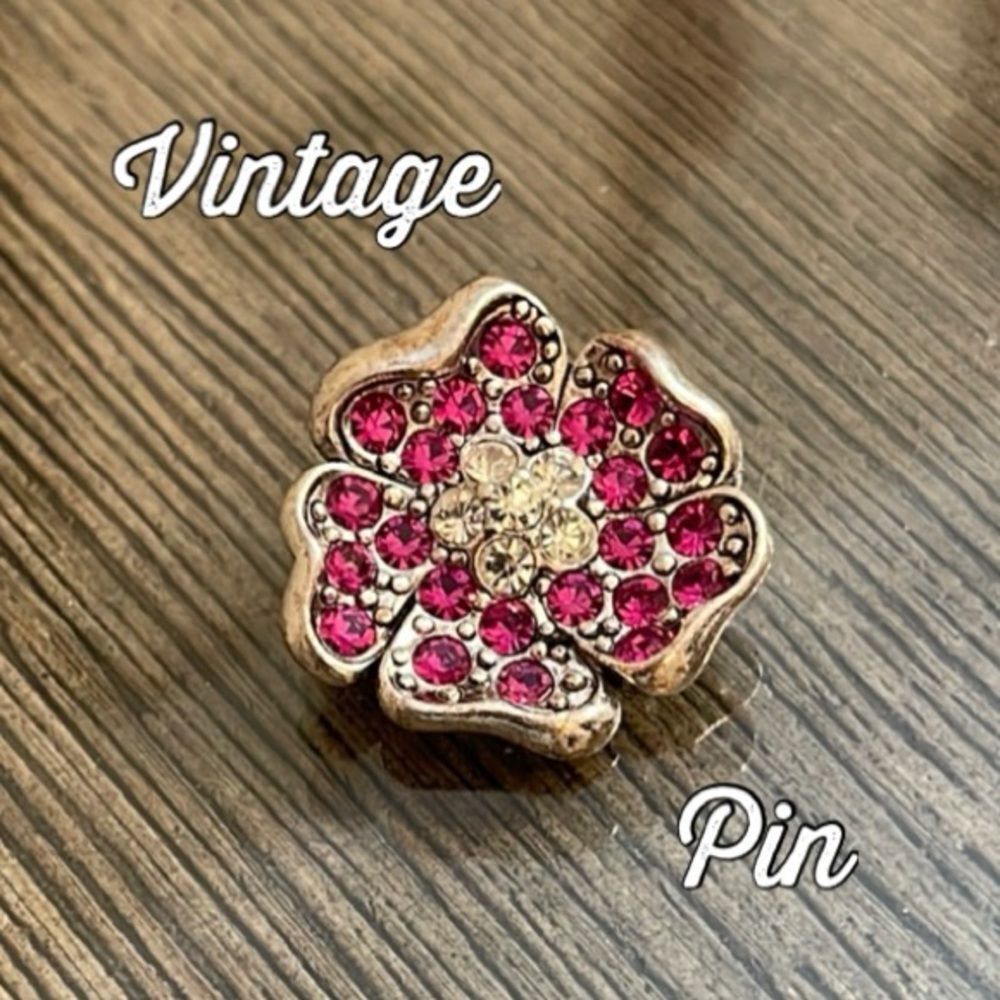 Vintage Silver-tone Pink & Clear Rhinestone Flower Pin